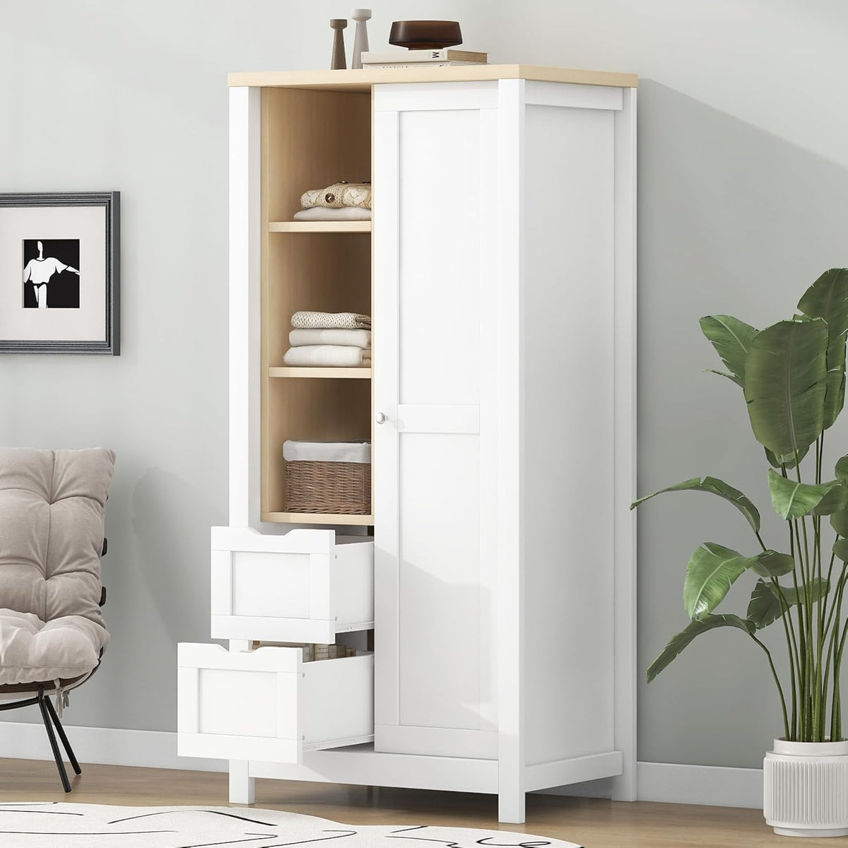 White Wooden Wardrobe Closet with 2 Drawers and Sliding Door R163702
