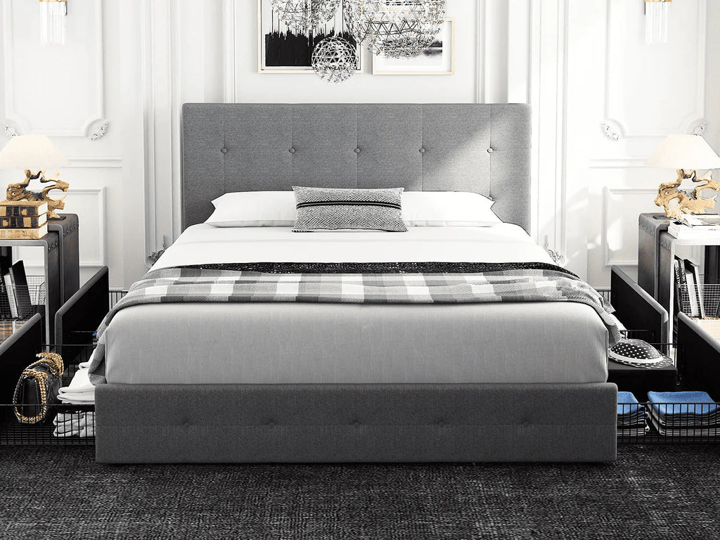 Queen Size Storage Bed Frame with 4 Drawers, Tufted Adjustable Headboard, Dark Grey V52317