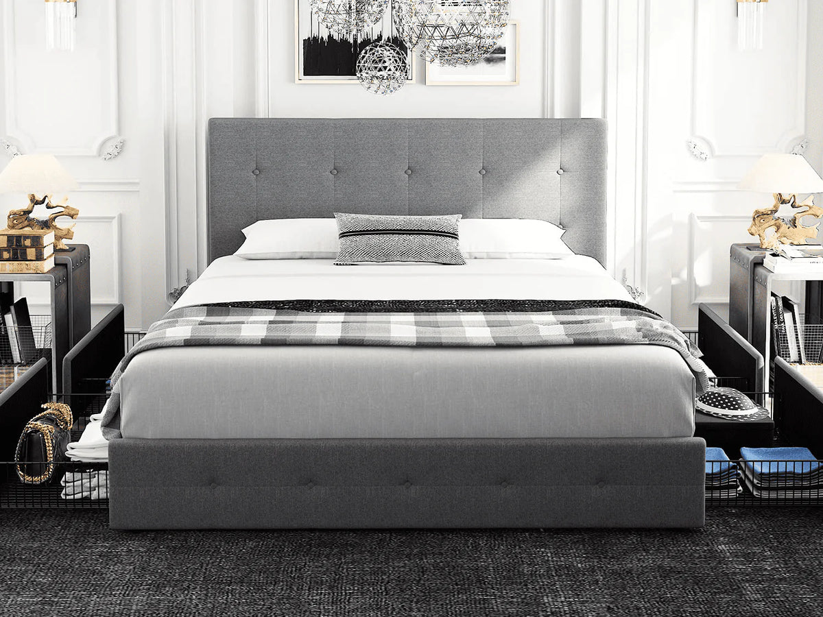 Queen Size Storage Bed Frame with 4 Drawers, Tufted Adjustable Headboard, Dark Grey V52317