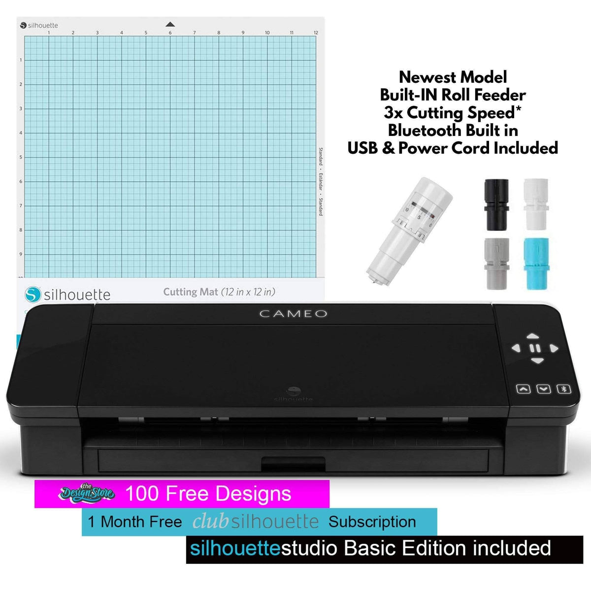 Silhouette Cameo 4 Black Bundle with Vinyl Starter Kit, Heat Transfer Starter Kit, 2 Autoblade-2, 24 Pack of Pens, CC Vinyl Tool K827878