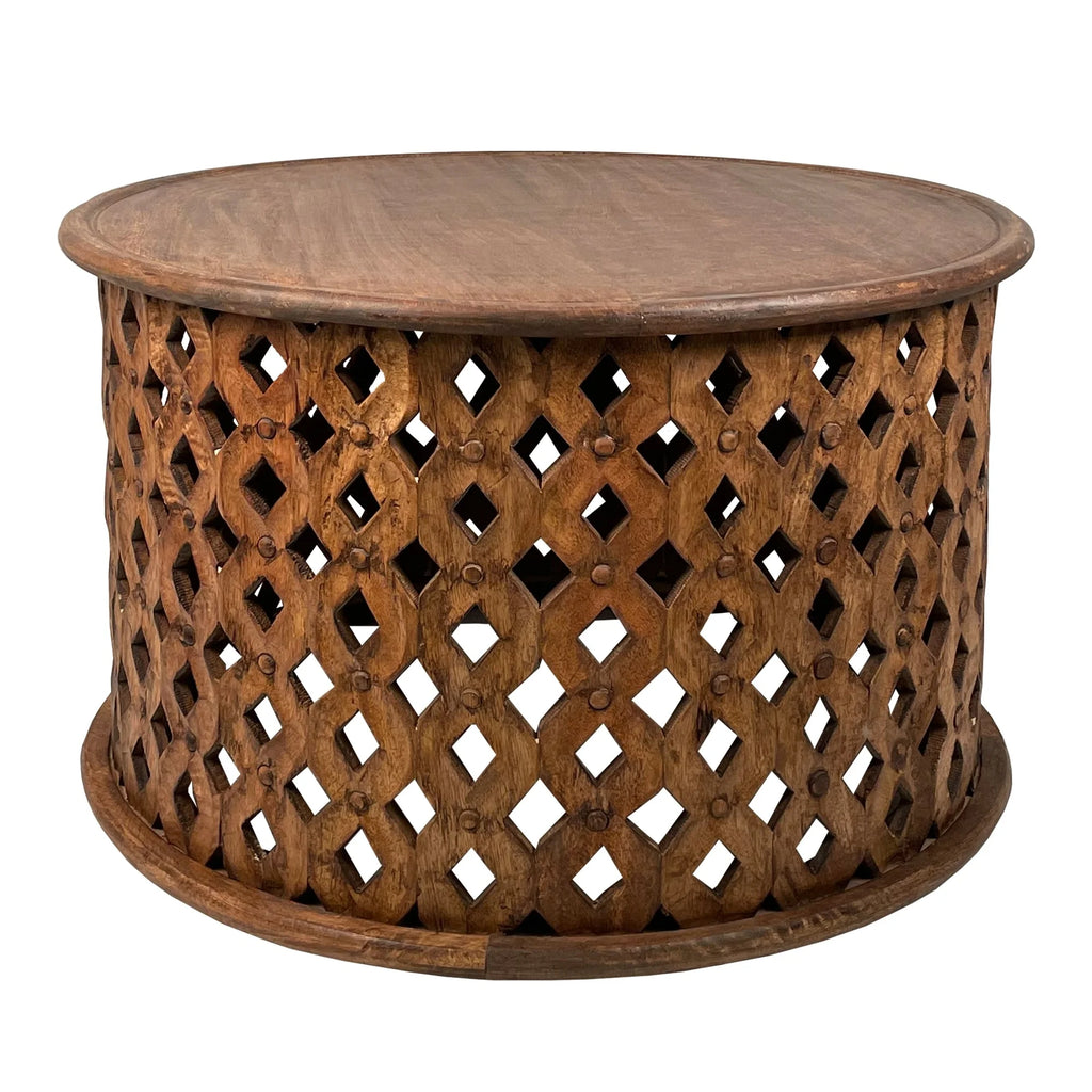 17 Inch 2 Piece Mango Wood Round Coffee Table and Side End Table Set Q660