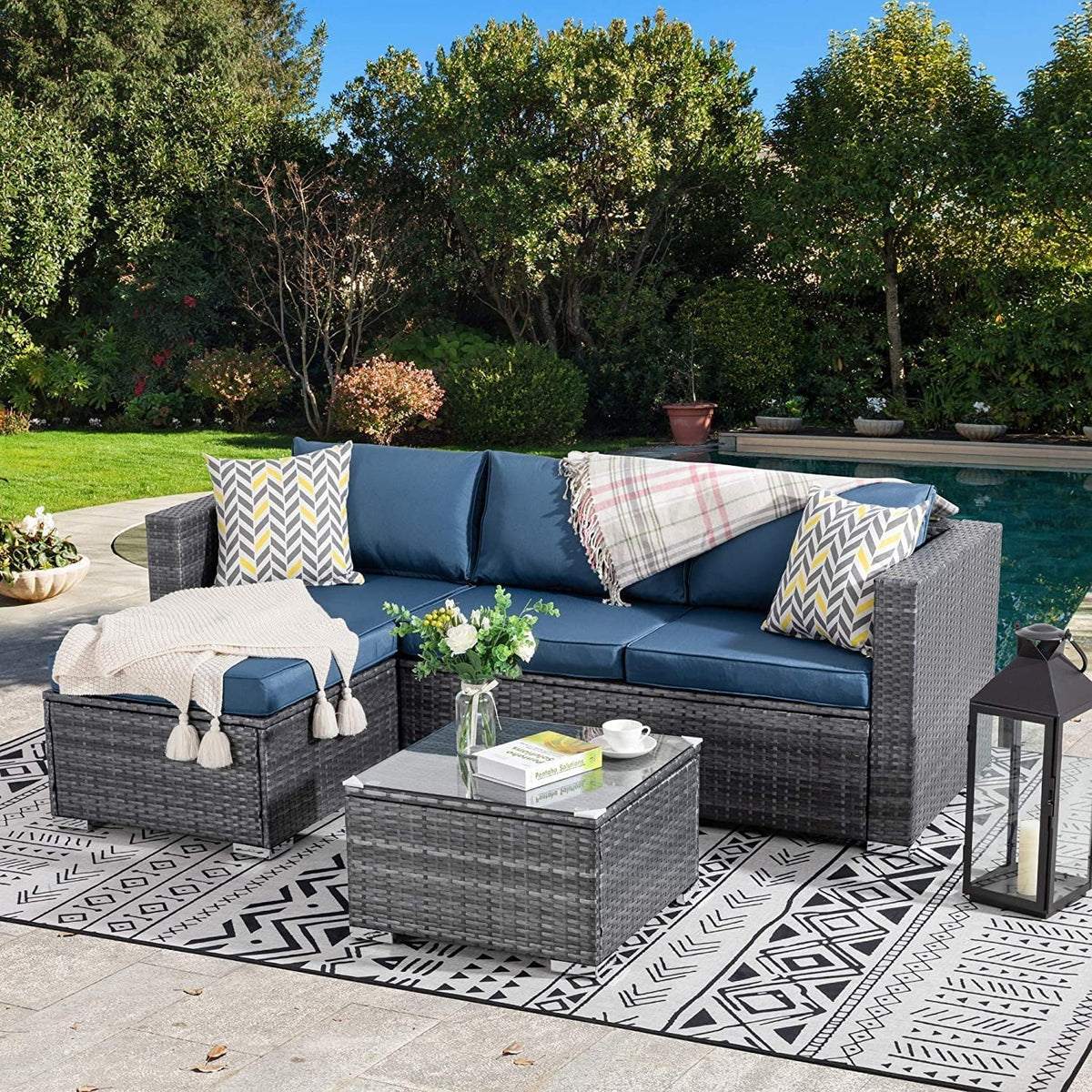 3 Piece Aegean Blue Outdoor Sectional Sofa Set C58234