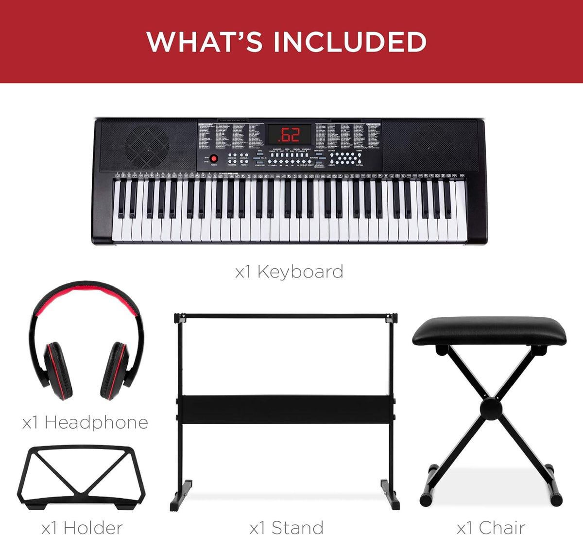 61-Key Electronic Keyboard Set with Stand, Bench, Headphones, Microphone V7823