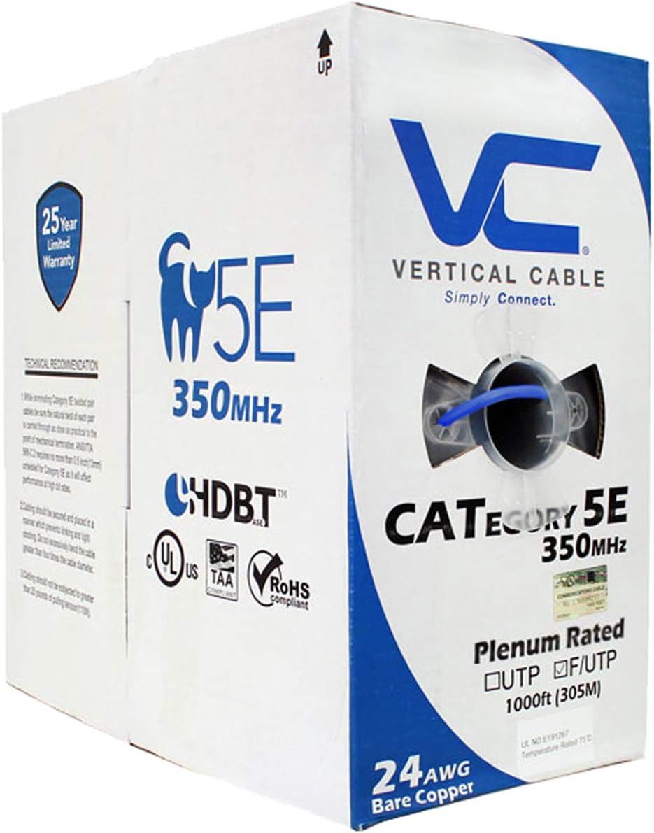 Shielded Cat5e Bulk Ethernet Cable, 24AWG Solid Bare Copper, Plenum, 1000ft, Green L73063
