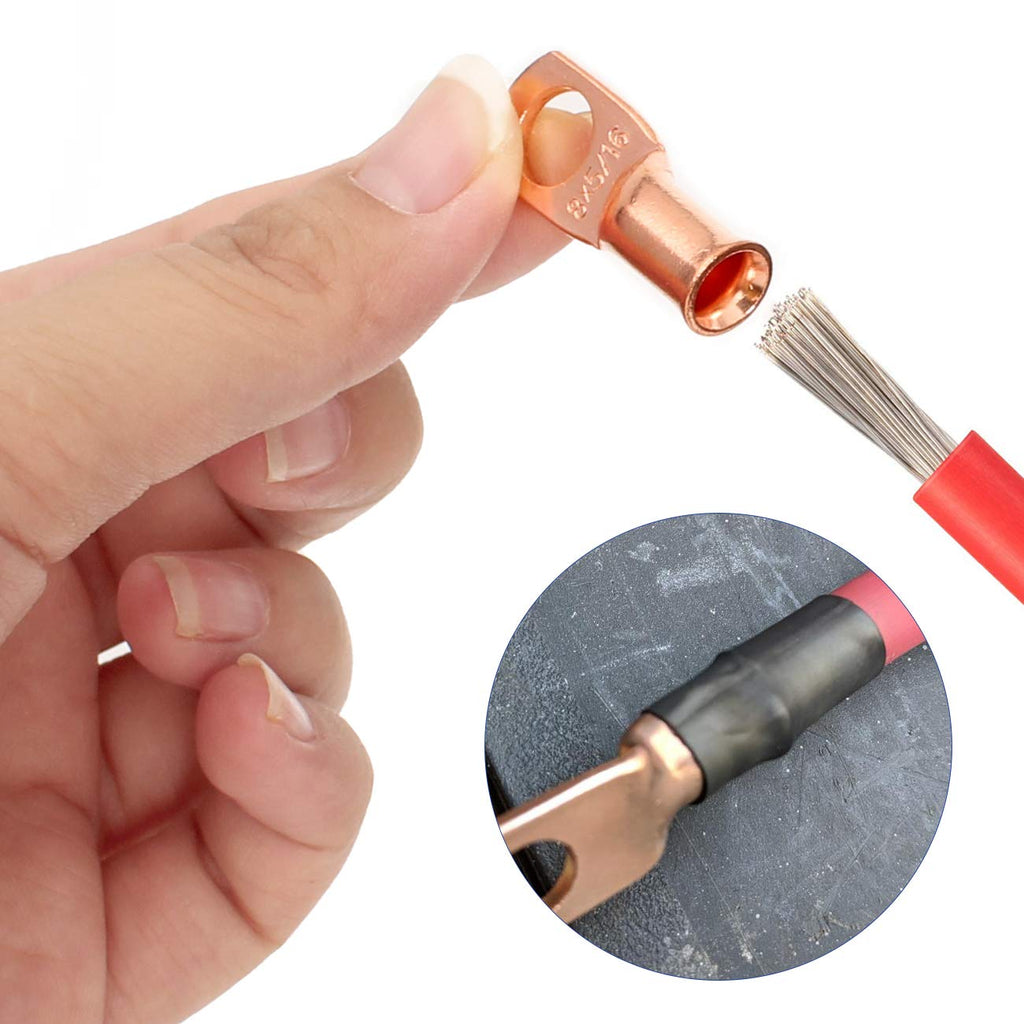 12PCS 2x5/16 Copper Ring Terminal Connectors 2 AWG Heavy Duty Battery Cable Ends Bare Copper Lugs with 12 PCS 3:1 Heat Shrink Tubing Y782465