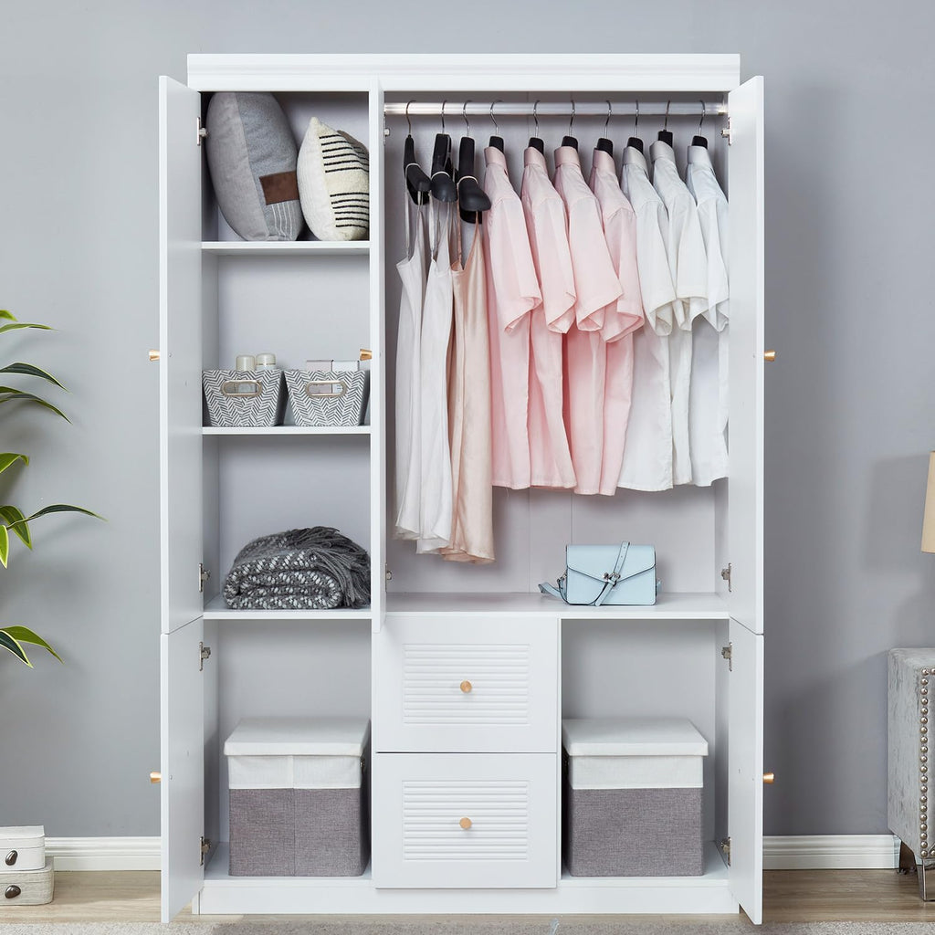 White 3 Door Wooden Armoire Wardrobe with 2 Drawers and Hanging Rod S68158