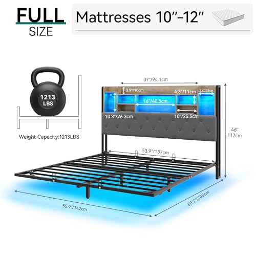Gray Upholstered Floating Platform Bed with Charging Station I263