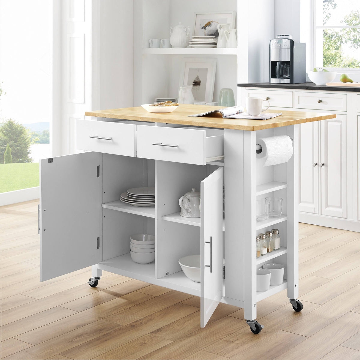 White Drop-Leaf Kitchen Island Cart J54834