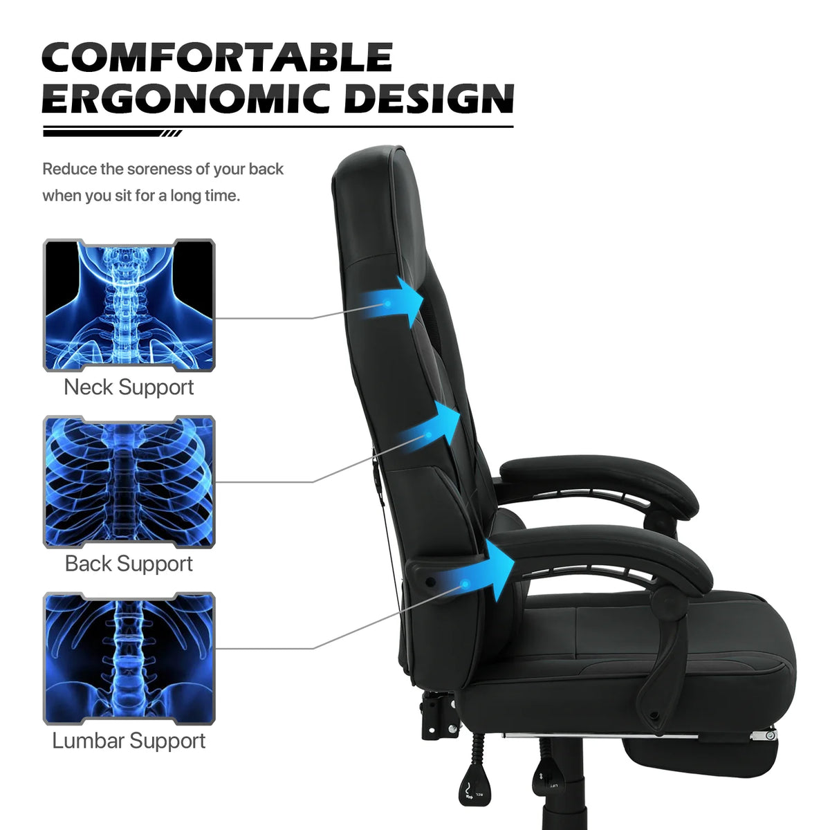 Black Ergonomic Gaming Chair with Detachable Pillow and Lumbar Support R4825