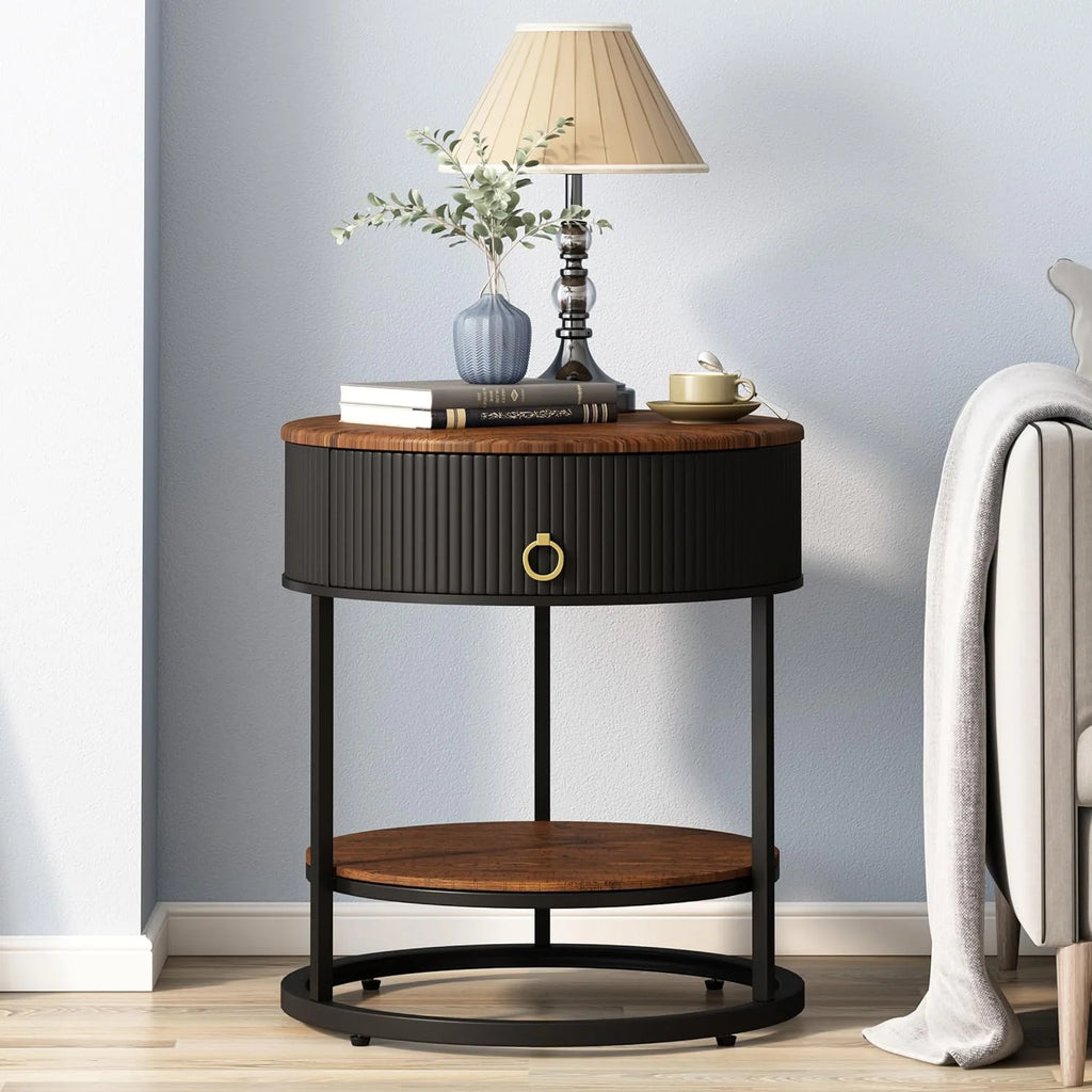 Black Metal 2-Tier Round End Table with Drawer W8811