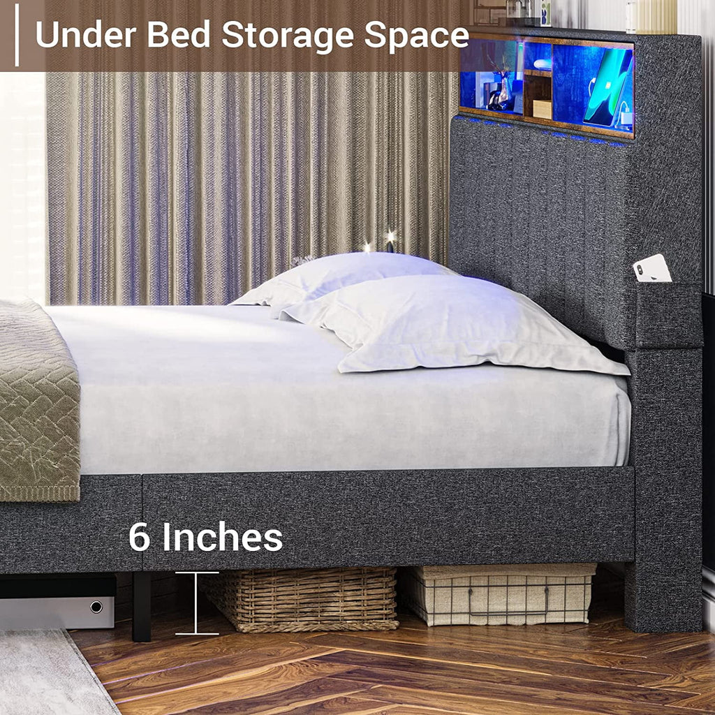 Dark Grey Queen Upholstered Platform Bed Frame with Storage Headboard M793502