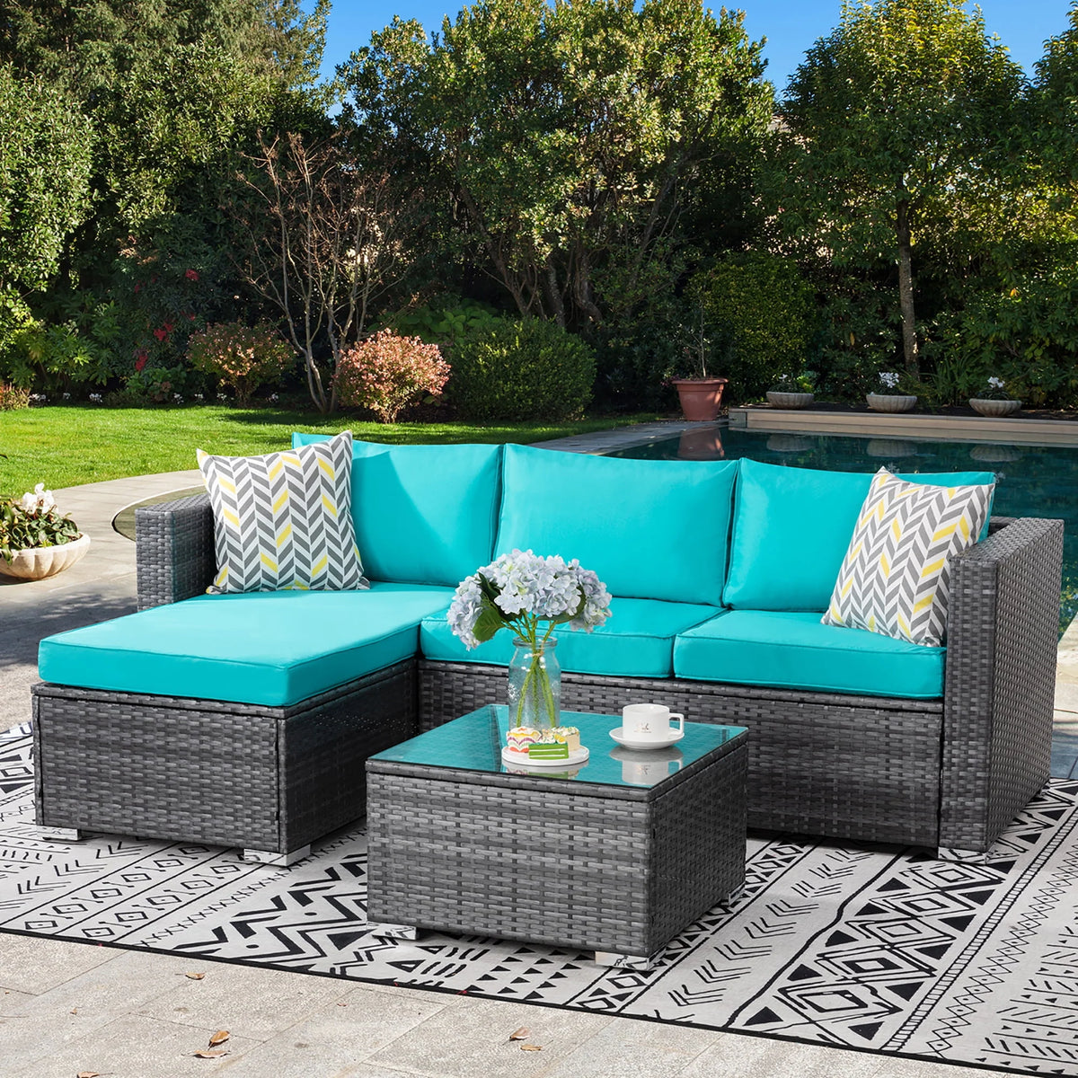 3 Piece Aegean Blue Outdoor Sectional Sofa Set C58234