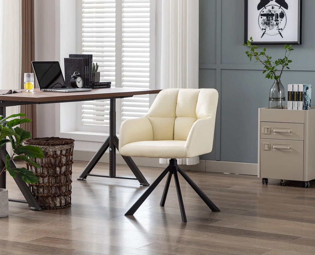 Beige PU Leather Swivel Office Chair with Black Metal Legs Q1225