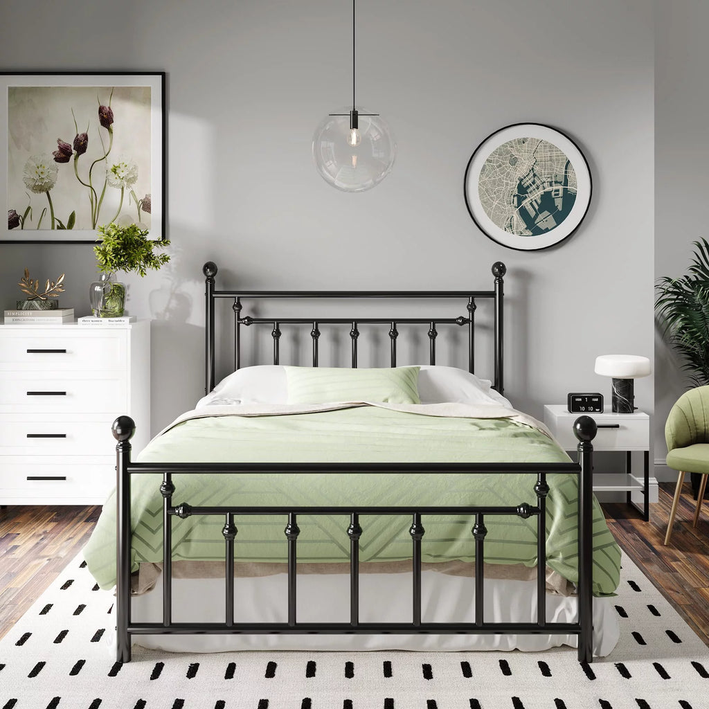 Full Size Black Iron Bed Frame with Headboard and Footboard B7896