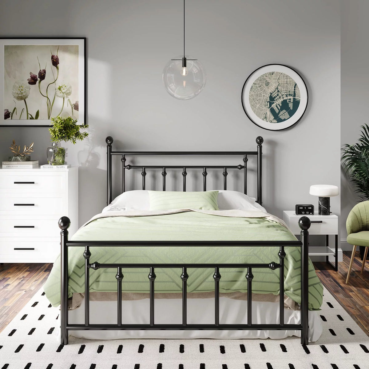 Full Size Black Iron Bed Frame with Headboard and Footboard B7896