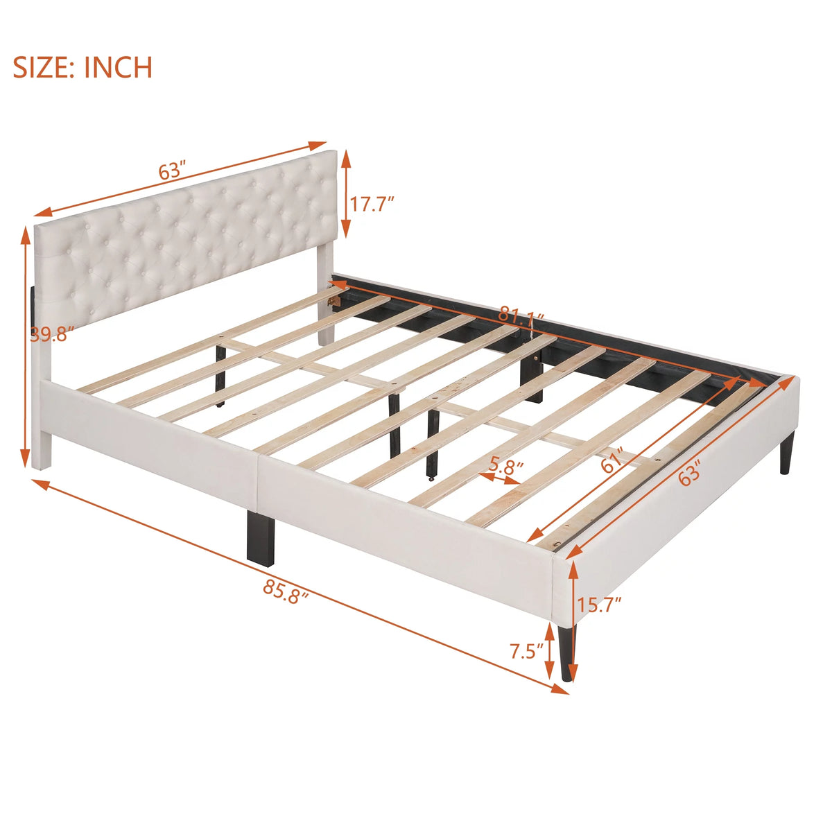 Beige Upholstered Fabric Queen Size Platform Bed Frame N921568