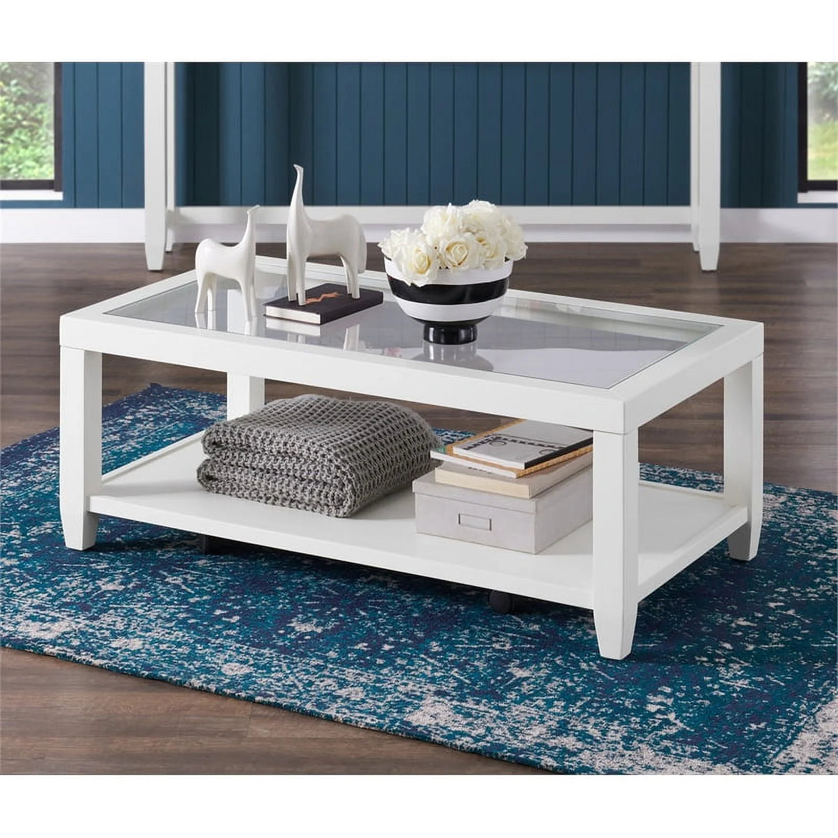 White Wood and Glass Top Coffee Table with Shelf Storage I703763