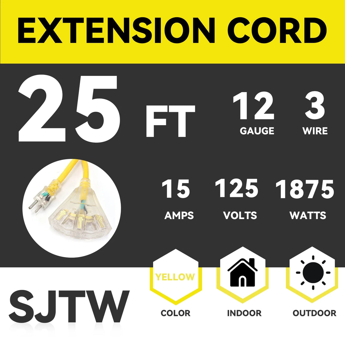 25 Ft 12/3 SJTW Extension Cord with 3 Electrical Power Outlets P8733