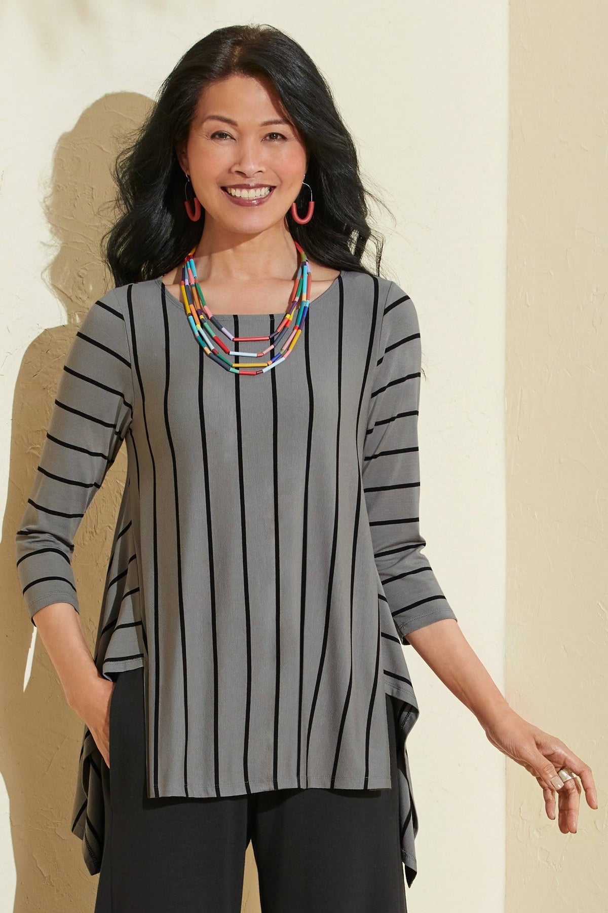 3/4 Sleeve Black White Microstripe Knit Top N78775