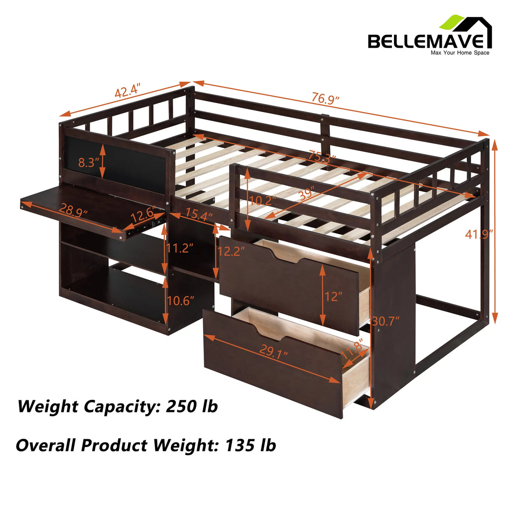 Twin Size Loft Bed with Rolling Desk, Storage Shelves and Chalkboard M951