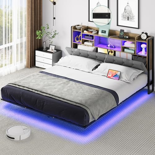 Gray Upholstered Floating Platform Bed with Charging Station I263