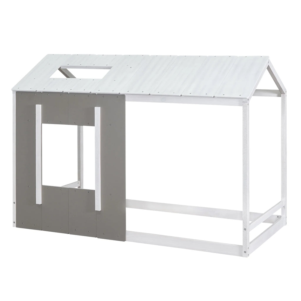 Wood Twin House Platform Bed with Roof and Window, Gray F2951