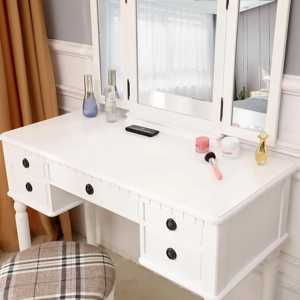 Tri-Folding Vanity Set with Cushioned Stool and 5 Storage Drawer H51776