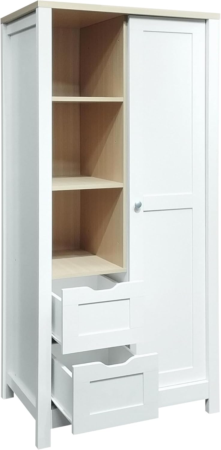 White Wooden Wardrobe Closet with 2 Drawers and Sliding Door R163702
