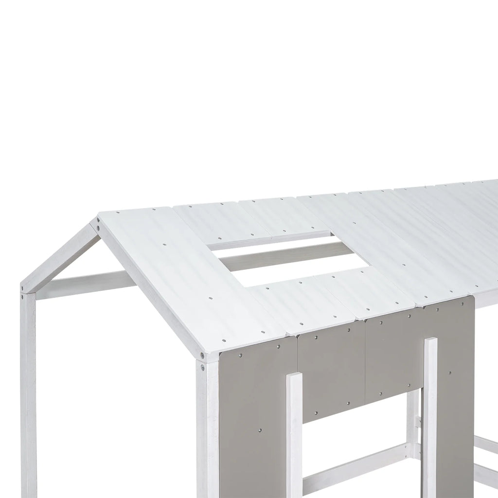 Wood Twin House Platform Bed with Roof and Window, Gray F2951