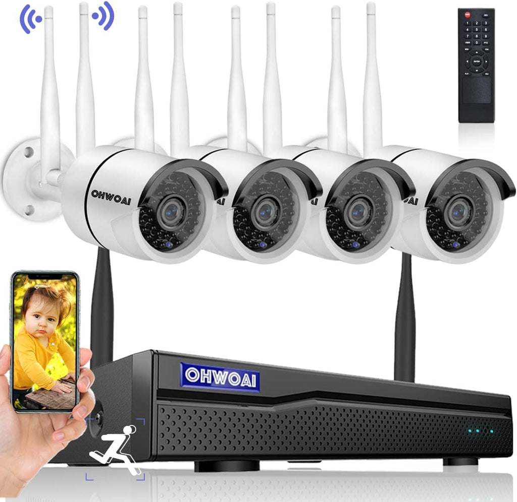 Wireless Security Camera System 8CH NVR 4Pcs Dual Antenna IP Cameras with Floodlights IP66 1TB HDD H93317