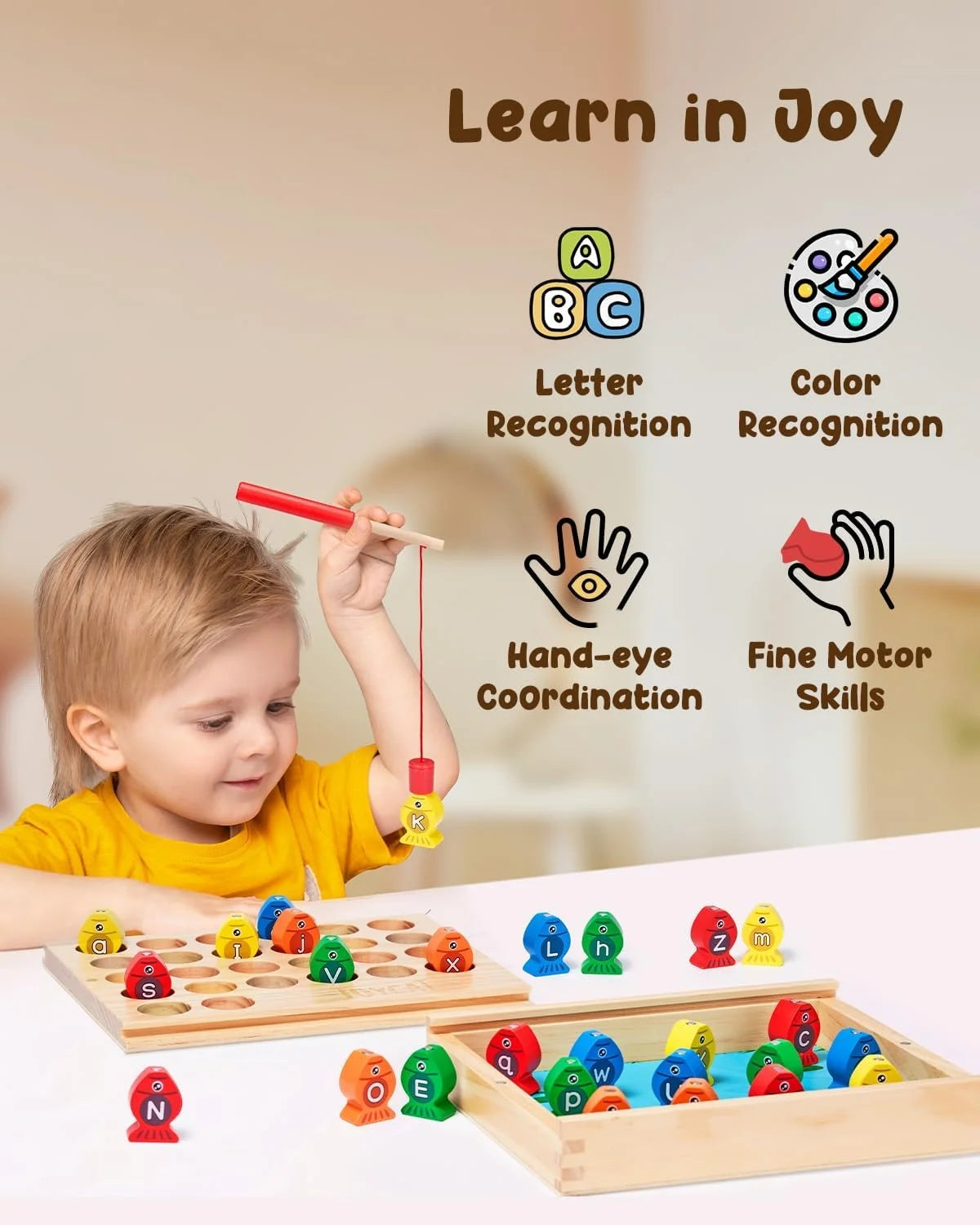 Wooden Magnetic Fishing Game Alphabet Color Sorting Puzzle E271415