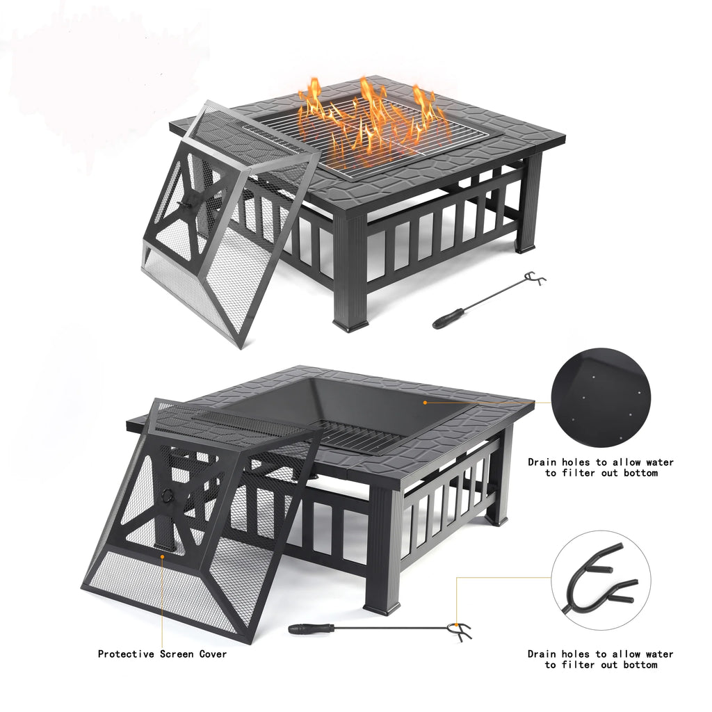 32 Square Metal Fire Pit Table with Spark Screen & Log Poker W4976