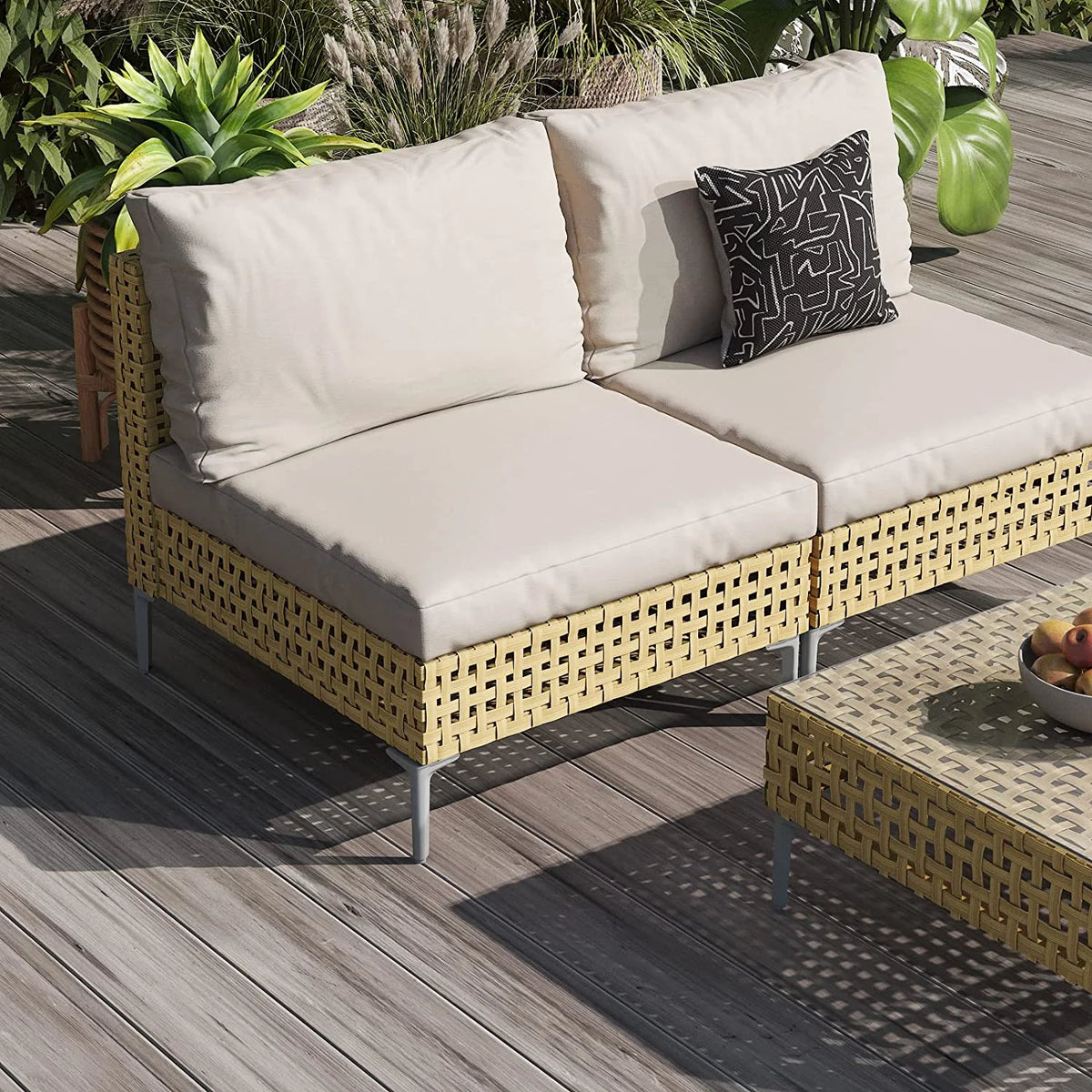 7-Piece Wicker Patio Furniture Set with Beige Cushions and Coffee Table M6473