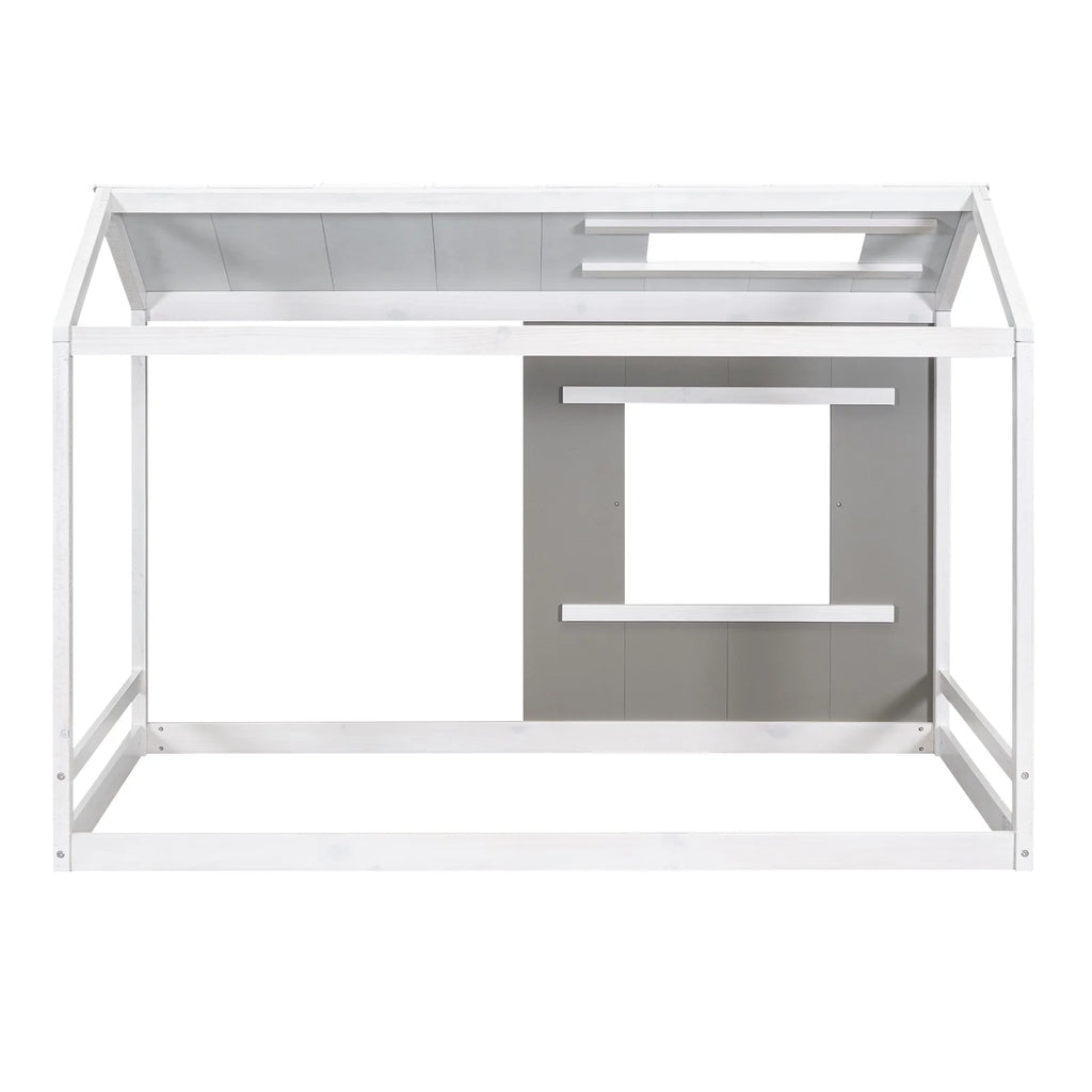 Wood Twin House Platform Bed with Roof and Window, Gray F2951