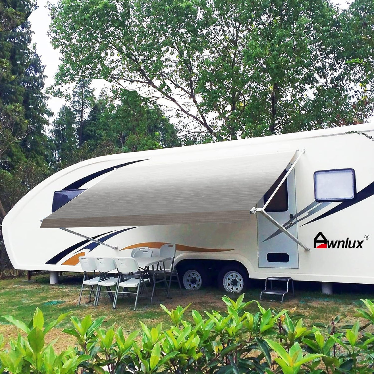 Blue Ombre White 12' Vinyl RV Awning Fabric Replacement with Press Plate & Pull Strap M745892