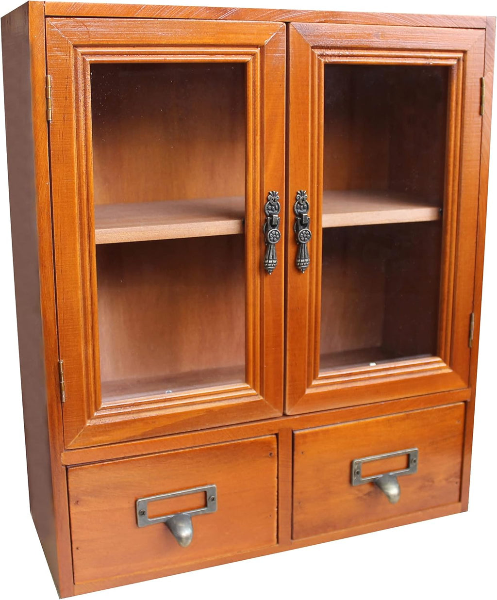 Wooden Storage Cabinet with Glass Double Doors and Adjustable Shelf and Two Drawers H469