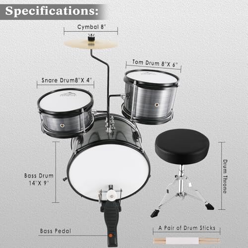 Kids 3 Piece Drum Set with Adjustable Throne, Cymbal, Pedal, Drumsticks G495