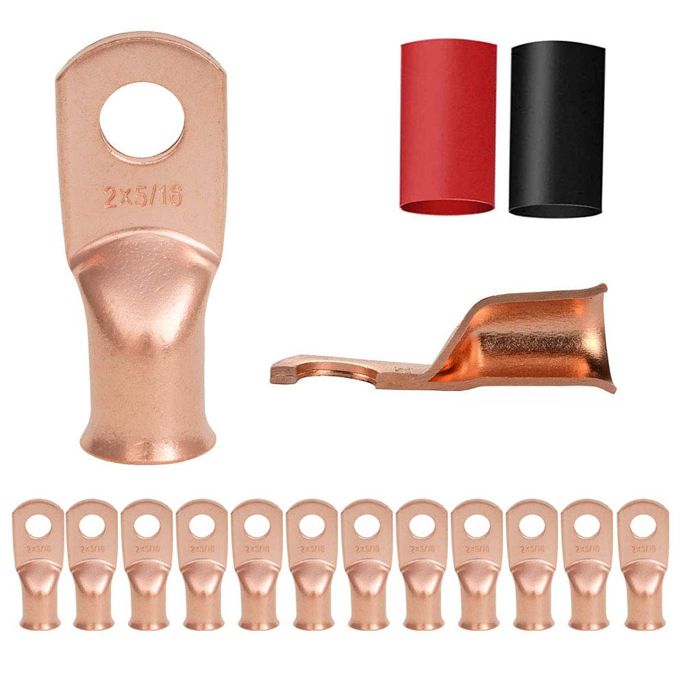 12PCS 2x5/16 Copper Ring Terminal Connectors 2 AWG Heavy Duty Battery Cable Ends Bare Copper Lugs with 12 PCS 3:1 Heat Shrink Tubing Y782465