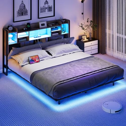 Gray Upholstered Floating Platform Bed with Charging Station I263