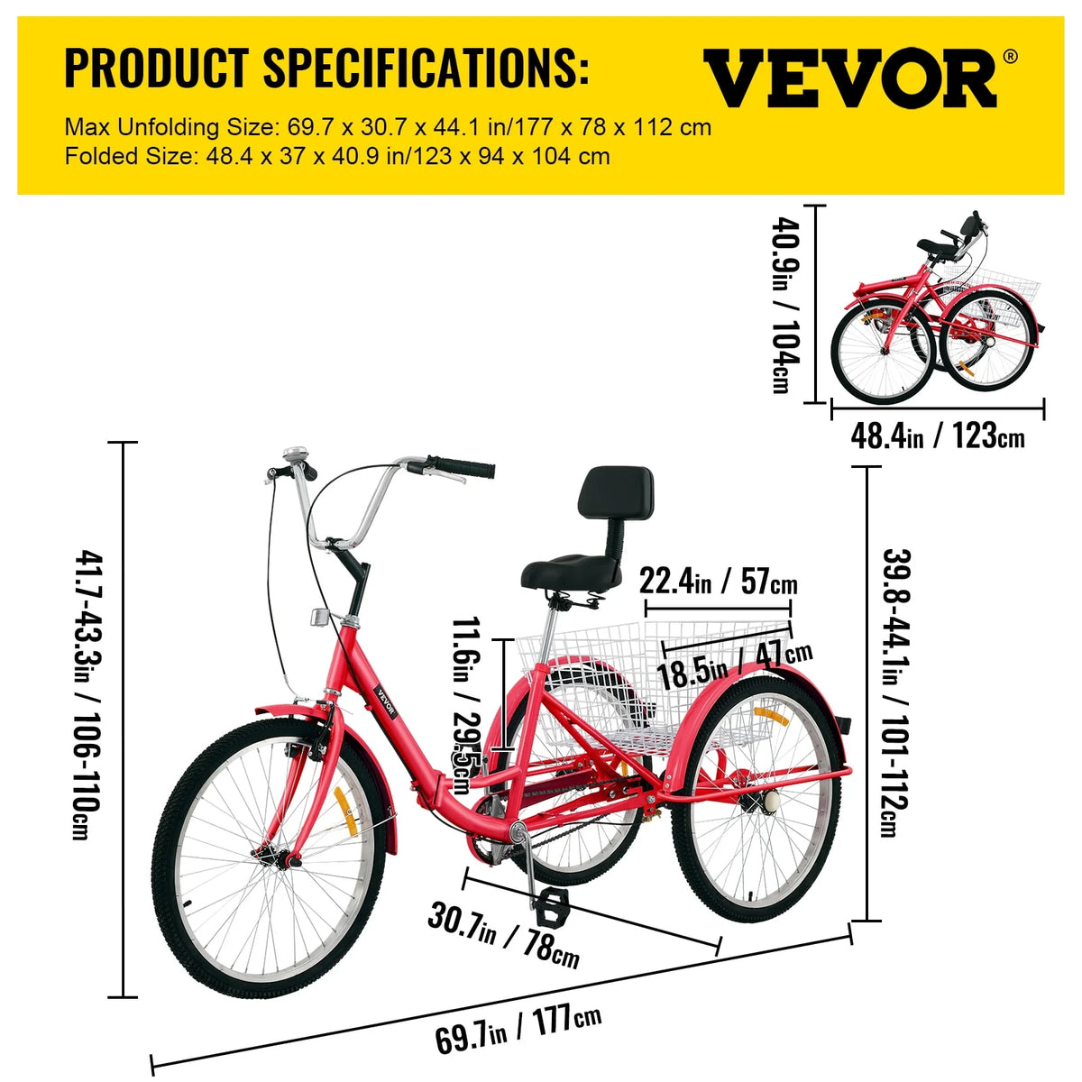 Foldable Tricycle 24 inch Wheels Red Trike with Basket A3832