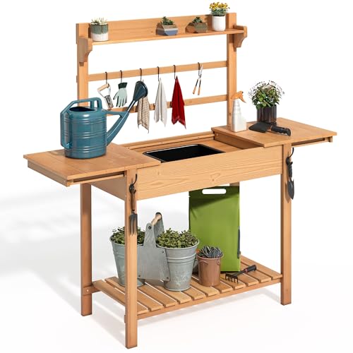 Solid Wood Potting Bench Table with Sink and Storage Shelves L74983
