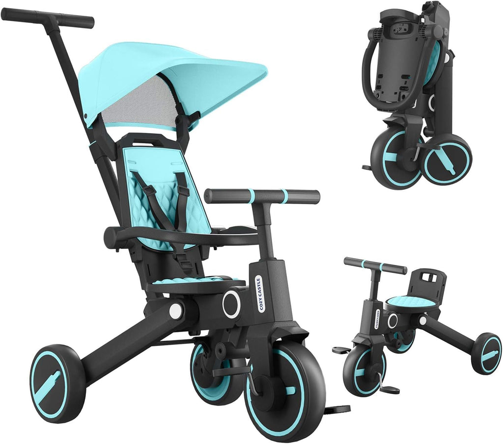 Green 7-in-1 Foldable Toddler Tricycle with Adjustable Canopy and Detachable Pedals X27860