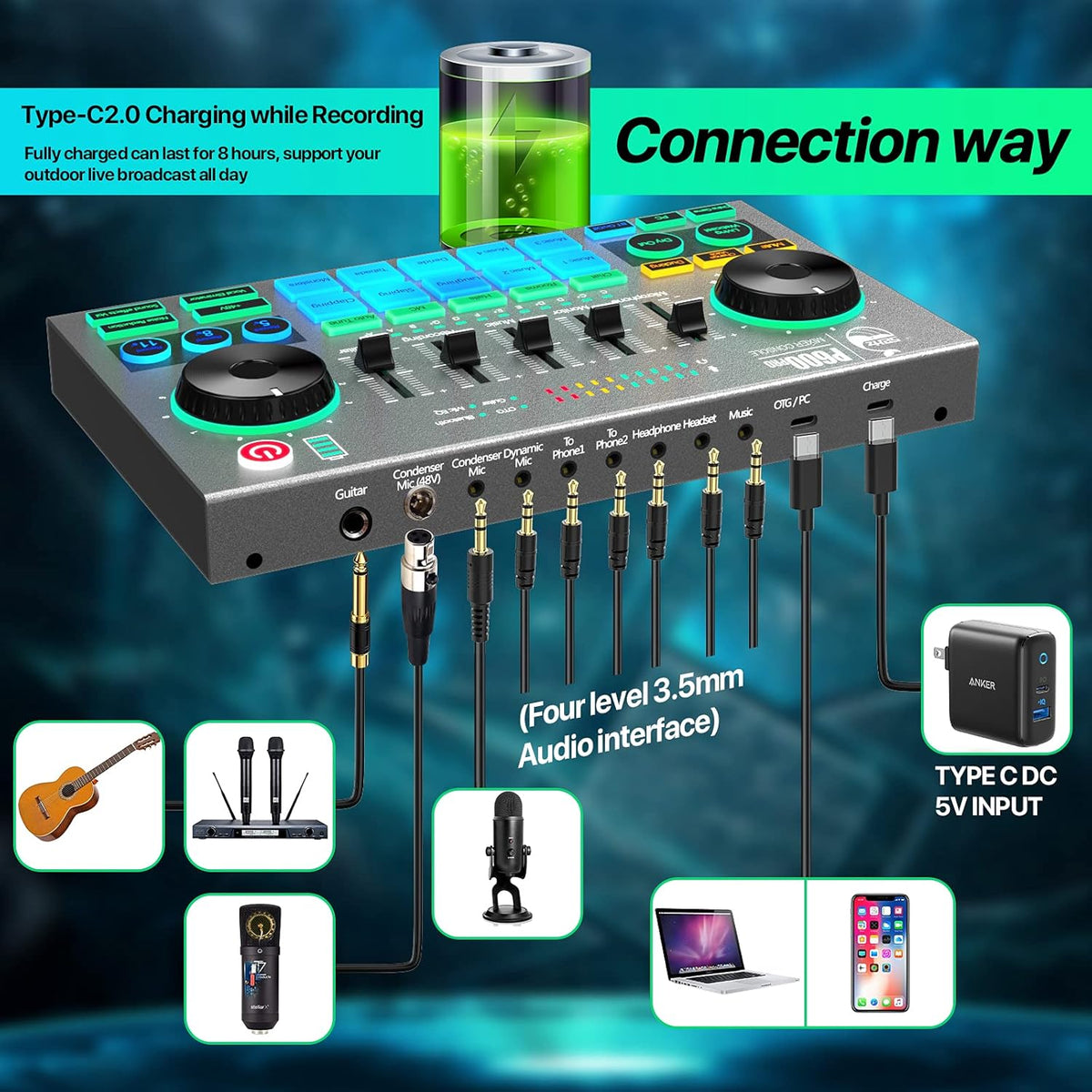 Audio Mixer with BT 5.0 Type C USB Interface O3410