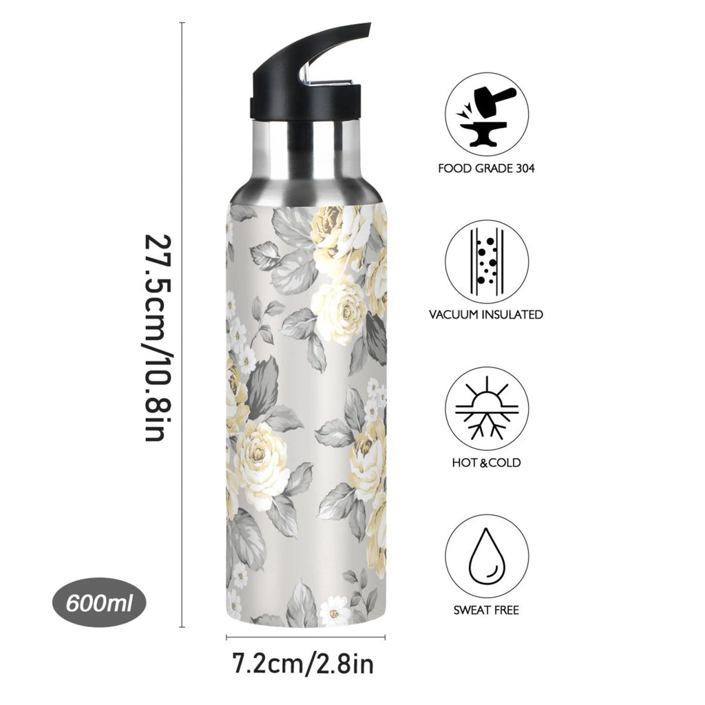 Yellow Flowers on Grey Stainless Steel Insulated Water Bottle with Straw Lid V570066