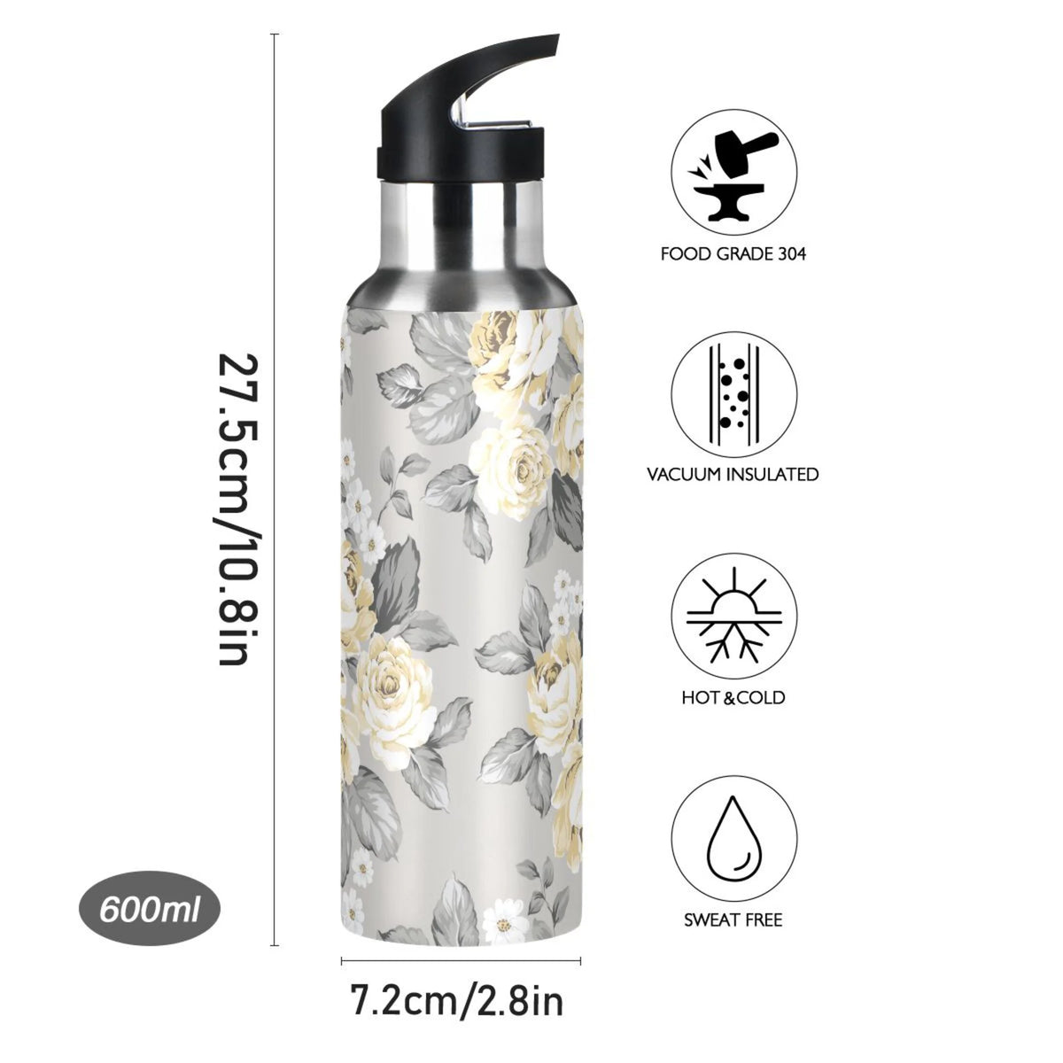 Yellow Flowers on Grey Stainless Steel Insulated Water Bottle with Straw Lid V570066