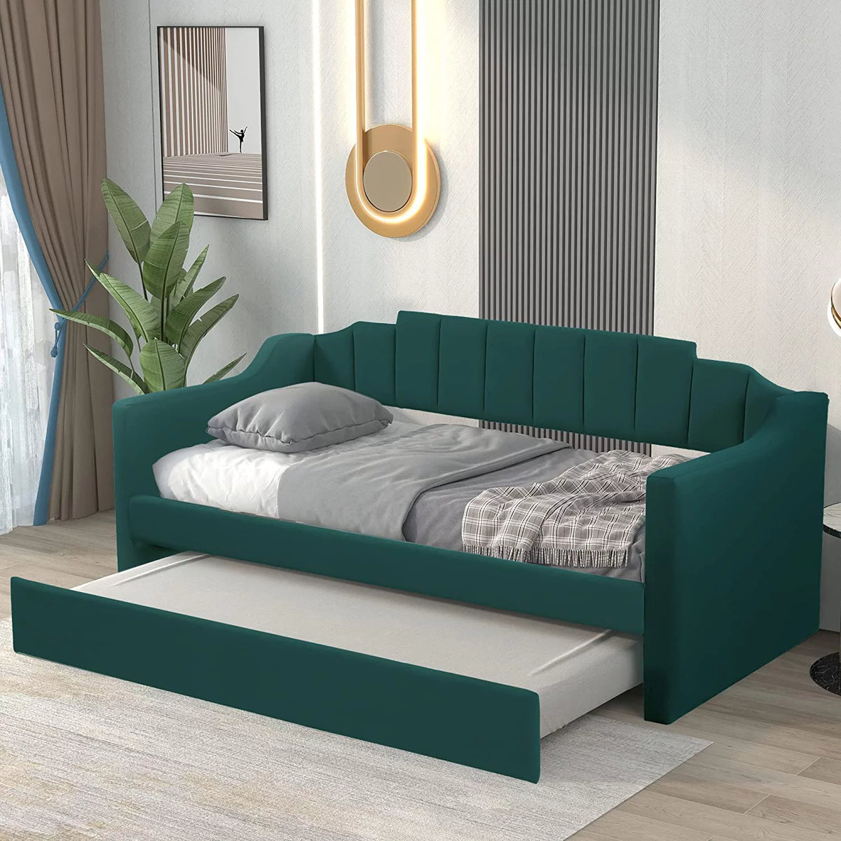 Green Upholstered Tufted Daybed with Trundle X730