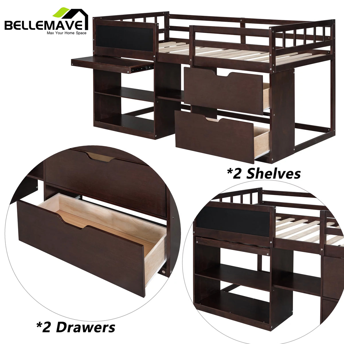Twin Size Loft Bed with Rolling Desk, Storage Shelves and Chalkboard M951