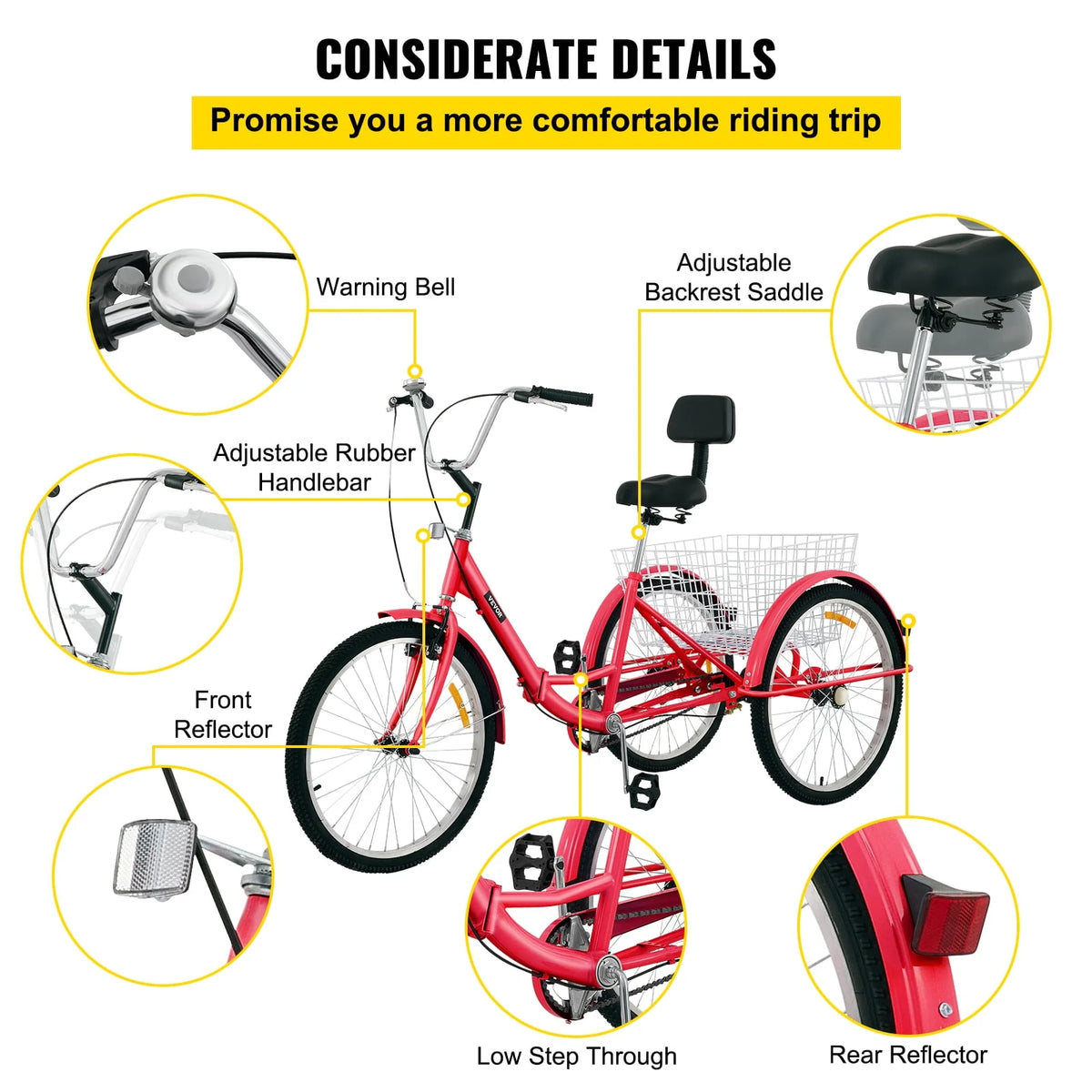 Foldable Tricycle 24 inch Wheels Red Trike with Basket A3832