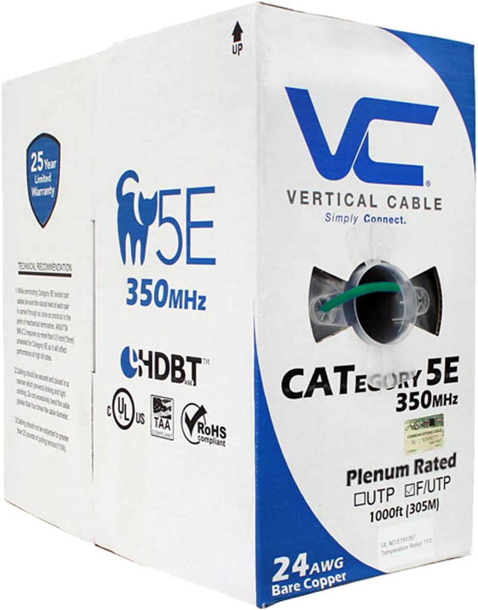 Shielded Cat5e Bulk Ethernet Cable, 24AWG Solid Bare Copper, Plenum, 1000ft, Green L73063