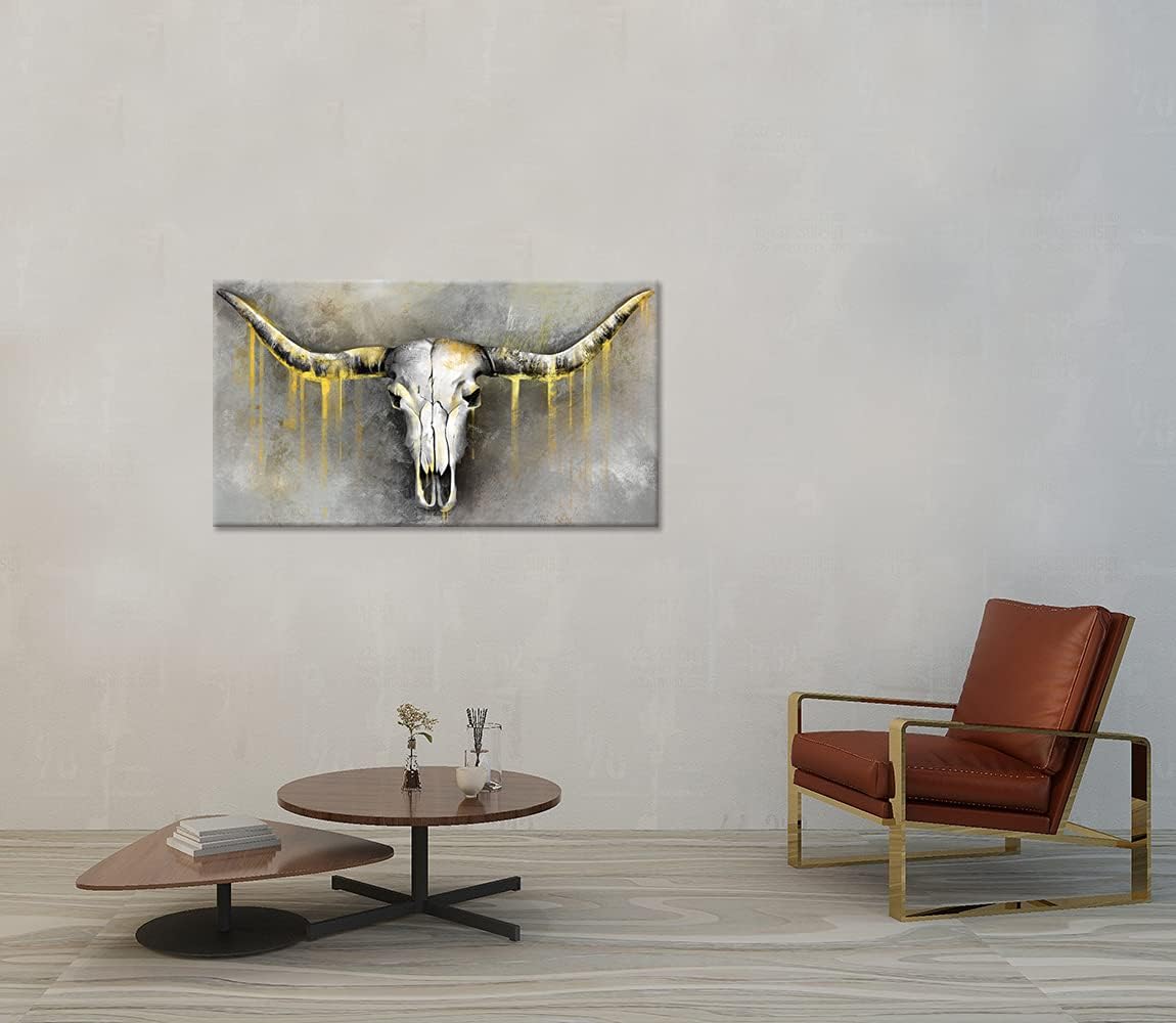 Large Abstract Bull Skull Canvas Wall Art Grey and Gold 20x36inch K7207